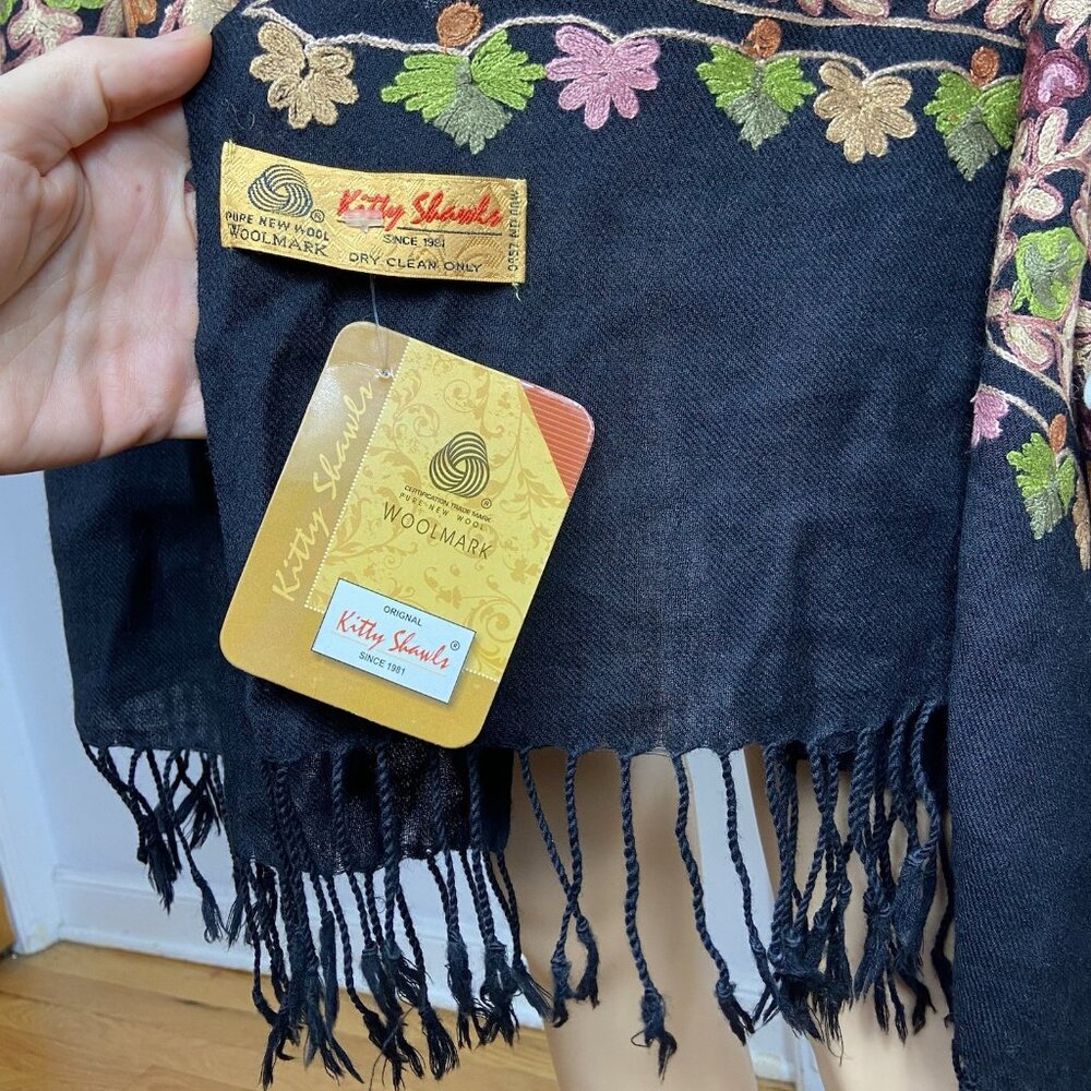 NWT Kitty Shawls 78 x 28 Heavily Embroidered Wool Scarf Fringe Crewel Vtg Look - Picture 8 of 9